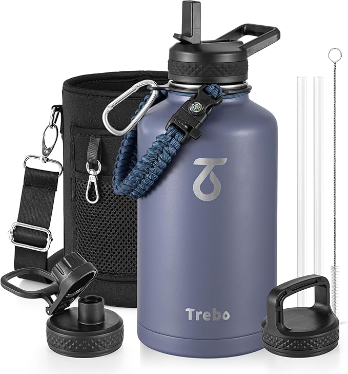 Trebo Water Bottle 64oz with Paracord Handle, Half Gallon Large Vacuum Triple Wall Stainless Steel Insulated Water Jug with Holder Strap Straw Spout Lids, Leakproof Keep Cold & Hot, Grayish purple