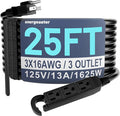 Energeaster 16/3 25 Ft 3 Outlet Extension Cord Outdoor Waterproof, Black Extension Cords with Multiple Outlets, 3 Prong with Multi Outlet Outside 13A 1625W 16AWG SJTW, ETL Listed