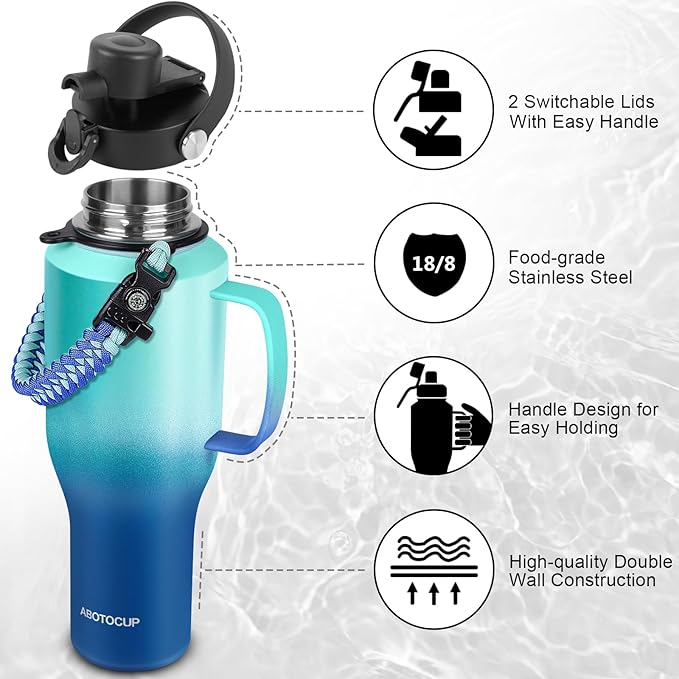 ABOTOCUP Water Bottle 40oz, Insulated Water Bottle with Handle & Straw Lids, Stainless Steel Water Bottle Fits in Any Car Cup Holder, Travel Cup Double Wall BPA-Free Leak-proof to Keep Cold &Hot