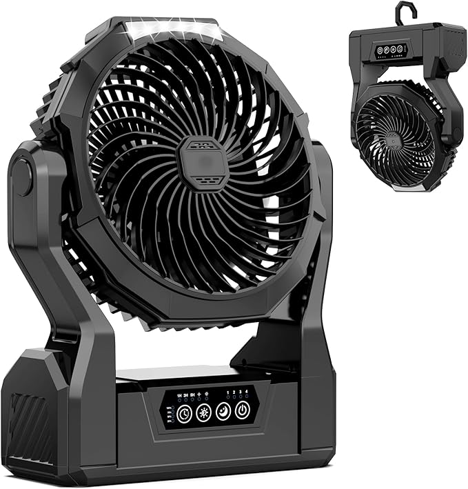 XZK Camping Fan, 20000mAh Rechargeable Battery Powered Fan with LED Lantern, Cordless Portable Tent Fan with Hanging Hook, 4 Speeds 2 Brightness Levels for Home Desk Outdoor - Black