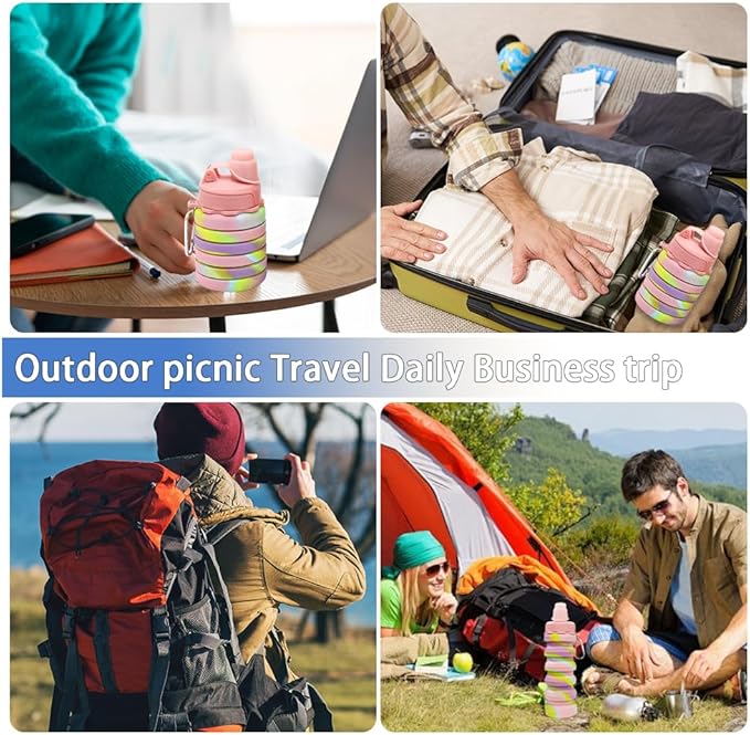 Silicone Collapsible Sports Water Bottles 500ml 16oz,Leak proof Twist Cap BPA Free Retractable for Home Outdoor,Biking,Hiking Portable Water Bottle Cups(1#Pink)