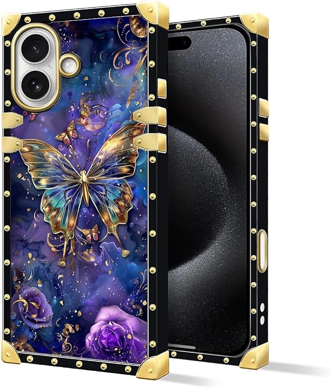 for iPhone 17 Case Luxury Golden Decoration for Girl Women Soft TPU Shockproof Protective Hard PC Back for iPhone 17 Crazy Pattern Glistening Golden Butterfly Vibrant Purple Blue