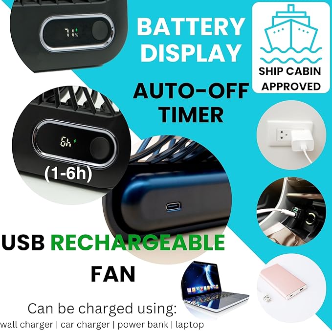 Cruise Fan Cabin Approved - Magnetic Hook Included To Hang On Walls - Portable USB Rechargeable & Plug-In, Timer Function & 5-Speed Adjustable, White Noise, Long Battery Life, Perfect for 2026 Cruises