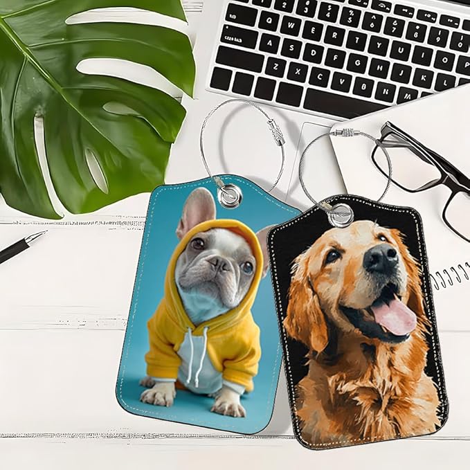 2 Pack Cute Dog Luggage Tags for Suitcases, Golden Retriever & Frenchie ID Tags with Privacy Cover, PU Leather Bag Identifiers, Spring & Summer Travel Essentials, Mother's Day