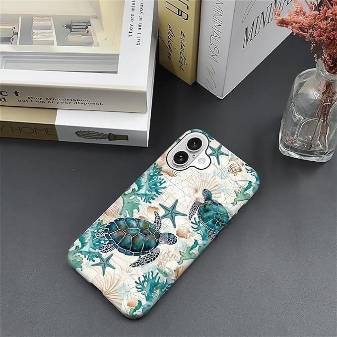 for iPhone 16 Plus Case,HH2 Ocean Sea Turtle Nautical Map Hybrid 2 Layer Hard Shell Silicone Protective Pattern Design Case