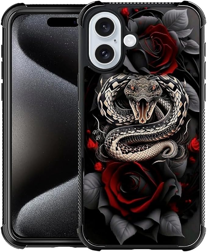 for iPhone 16 Plus Case, Entwined Rose Snake Pattern Graphic Design Girl Boy Soft Silicone Hard Acrylic Shock Protection for iPhone 16 Plus