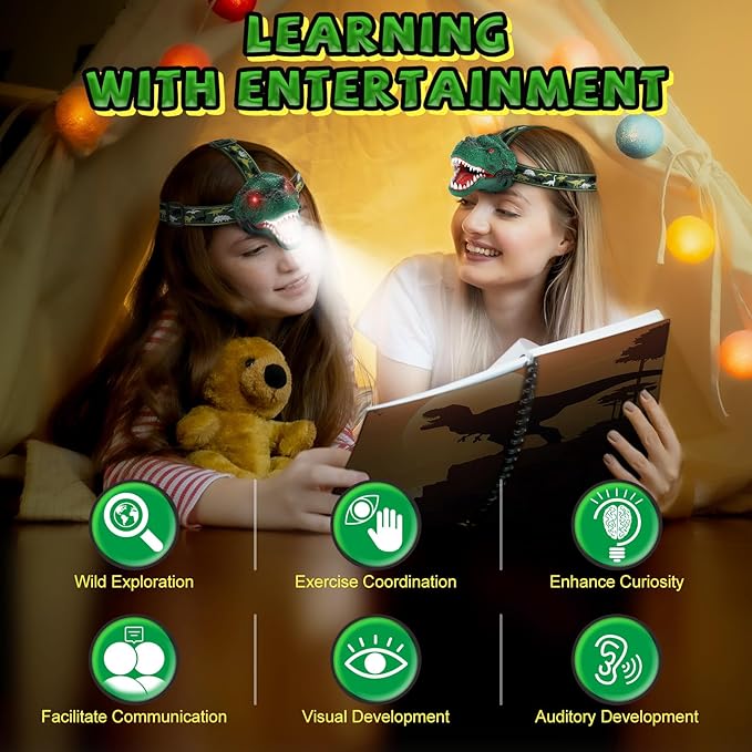 Nitigo Dinosaur Headlamp for Kids Flashlight Rechargeable Led Dino Head Lamp Roar & Silent Mode, T-Rex Dinosaur Toys for Kids 3 4 5 6 7 8, Camping Gear, Easter Gifts for Boys Girls Adults