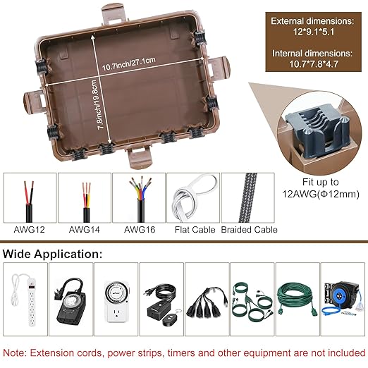 Waterproof Electrical Box, Large Outdoor Extension Cord Covers Waterproof, 8 Cable Seal Entry Weatherproof, IP54 Protect Power Strip, Timer Outlet Plug, Socket, Holiday Light Decoration (Brown)