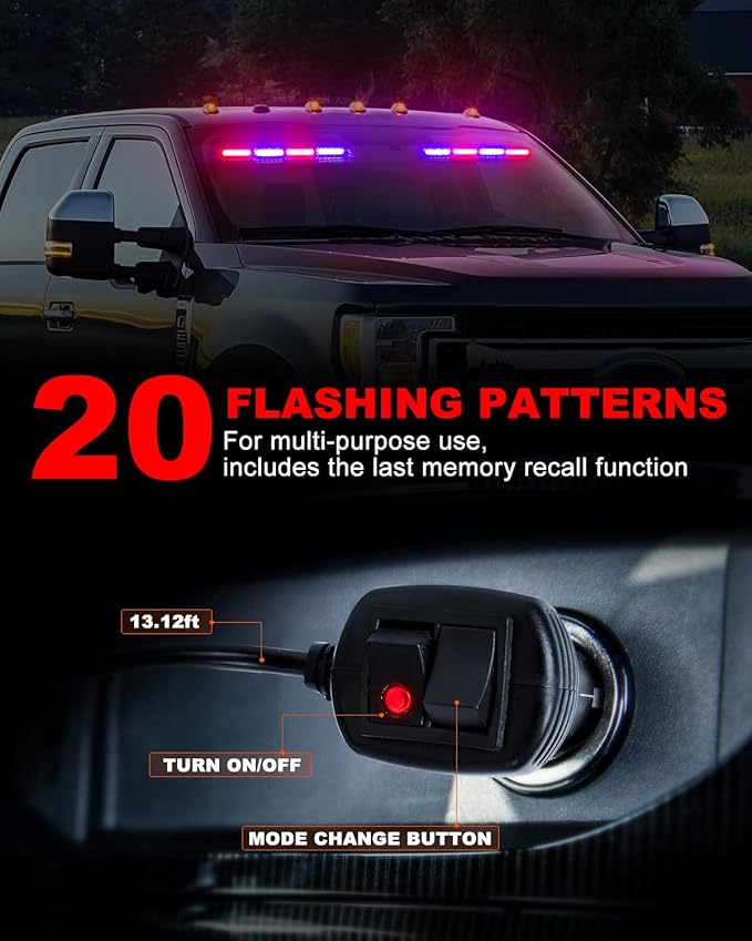 HLauto 6Z4J Emergency Dash Strobe Lights: 2x16.8 inch Red Blue Safety Lights, 48 LED Flashing Warning Hazard Interior Windshield Visor Traffic Light Bar for Trucks, Construction Vehicles