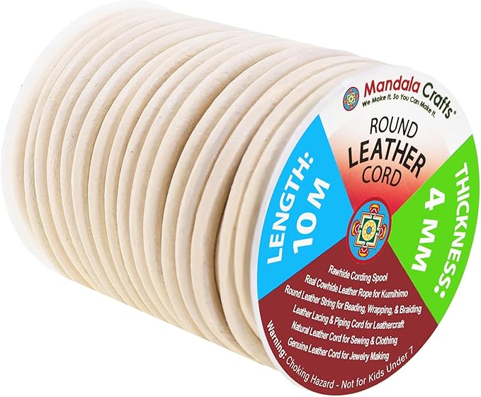 Mandala Crafts Round Genuine Cream Leather Cord for Jewelry Making – 4mm Cowhide Leather Rope String Lace for Kumihimo – 11 Yards Cowhide Craft Cording Spool