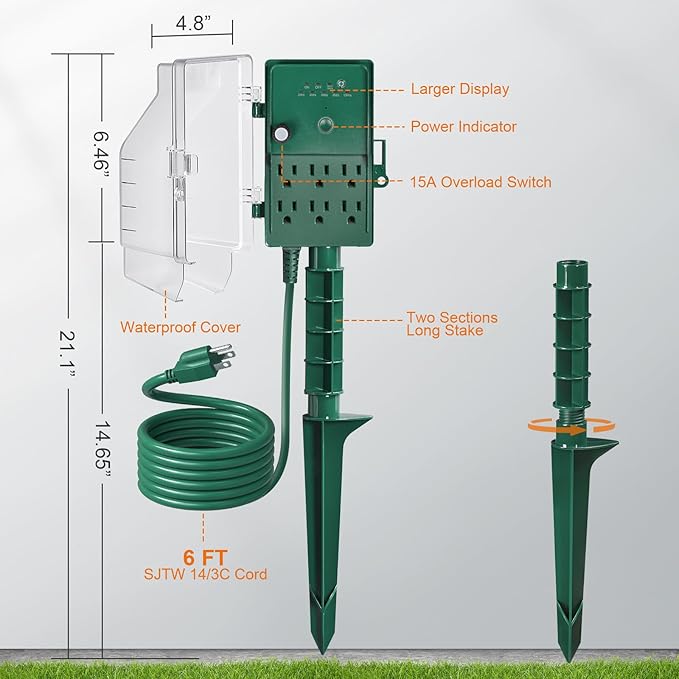 SURAIELEC Outdoor Power Stake, Dusk to Dawn Light Timer, 6 Electrical Outlet Power Strip Waterproof, 6 ft Extension Cord for Patio Lights, Sprinkler, Garden, Christmas Decorations, Outdoor Light