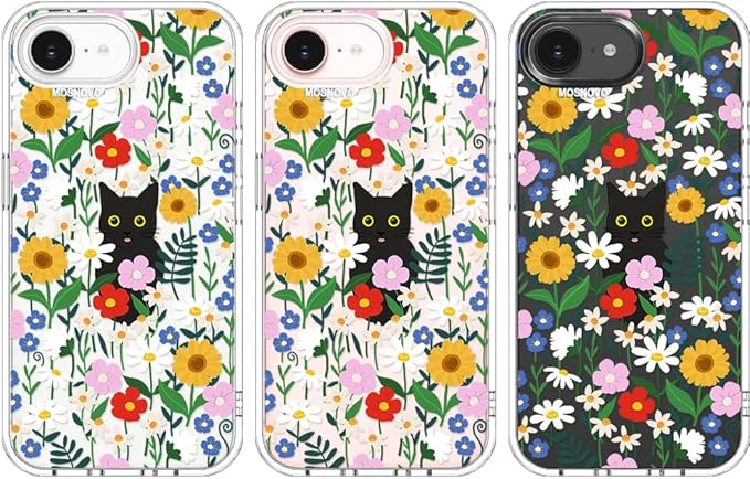 MOSNOVO for iPhone 17e Case/iPhone 16e Case, Shockproof Military-Grade Protection 6.6ft Drop Tested, Clear Phone Case for iPhone 16e / iPhone 17e, Black Cat in Garden Design