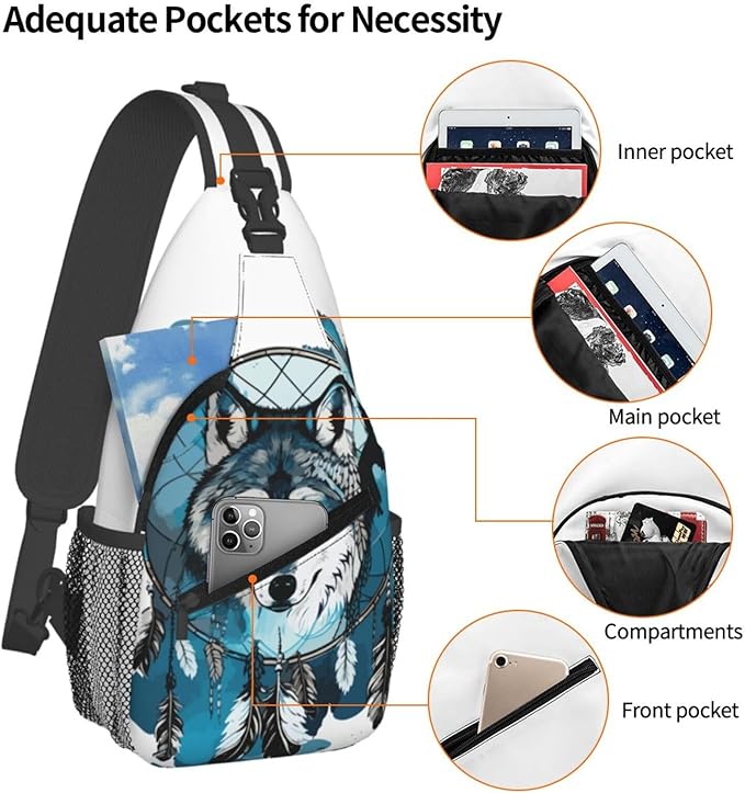 Native Wolf And Deam Catcher Sling Bag For Women Men Fashion Wolf Print Backpack Crossbody Shoulder Bag Sling Backpack Chest Bag Travel Hiking Casual Sport Daypack