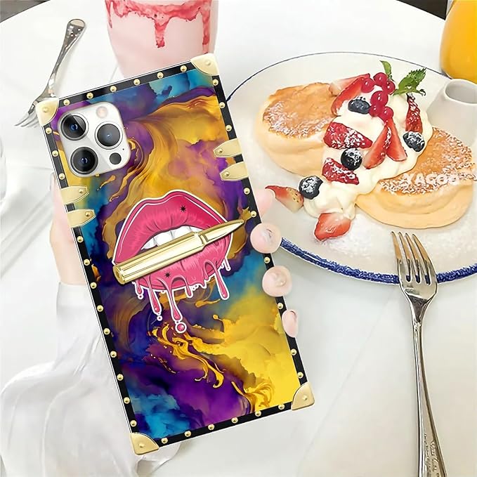 Compatible with iPhone 12 Pro Max Case, Cool Corlorful Lip Marble Luxury Golden Decoration for Girl Women Soft TPU Shockproof Protective Hard PC Back for iPhone 12 Pro Max
