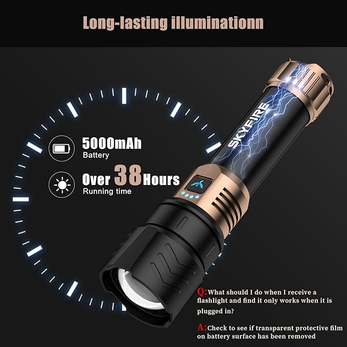 SKYFIRE LED Flashlights High Lumens with Ignition Lens,3000lm Super Bright Rechargeable Flashlight,Zoomable,4 Modes,Waterproof Tactical Flash Light for Camping Essentials,Outdoor and Home,Gift