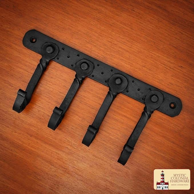 "Mystic Colonial Rustic Cast Iron Wall Mounted Coat Rack with 4 Blackened Hooks � Heavy Duty Vintage Utility Hanger for Entryway, Bathroom, Kitchen, Bag, Hat & Towel � Mounting Hardware Included"