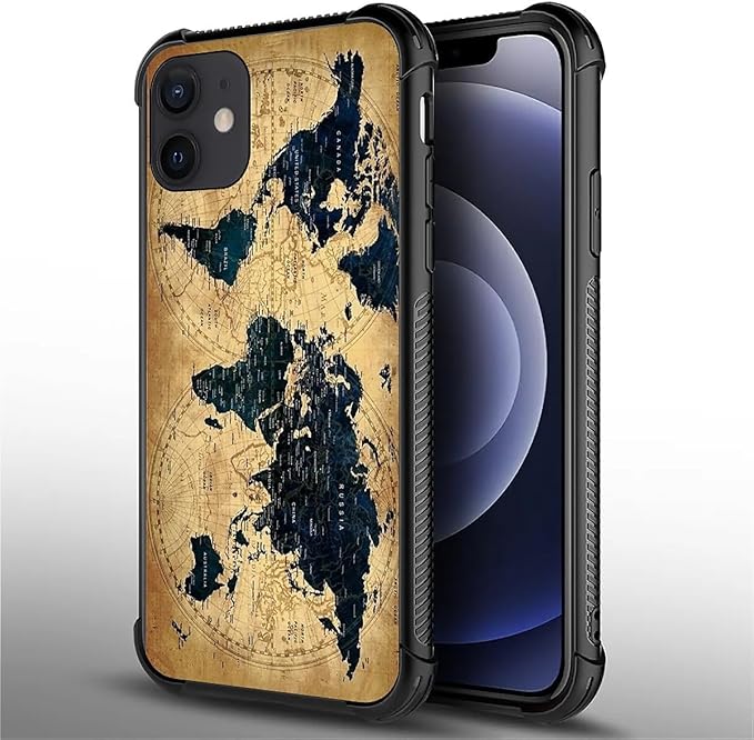 for iPhone 12/12 Pro Case, Brown World Map Pattern Graphic Design Girl Boy Soft Silicone Hard Acrylic Shock Protection for iPhone 12/12 Pro