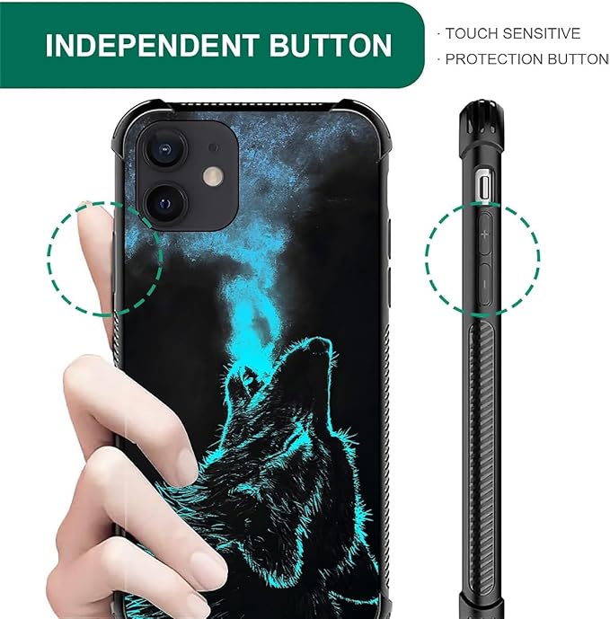 for iPhone 12 Mini Case, Blue Breathing Wolf Pattern Graphic Design Girl Boy Soft Silicone Hard Acrylic Shock Protection for iPhone 12 Mini