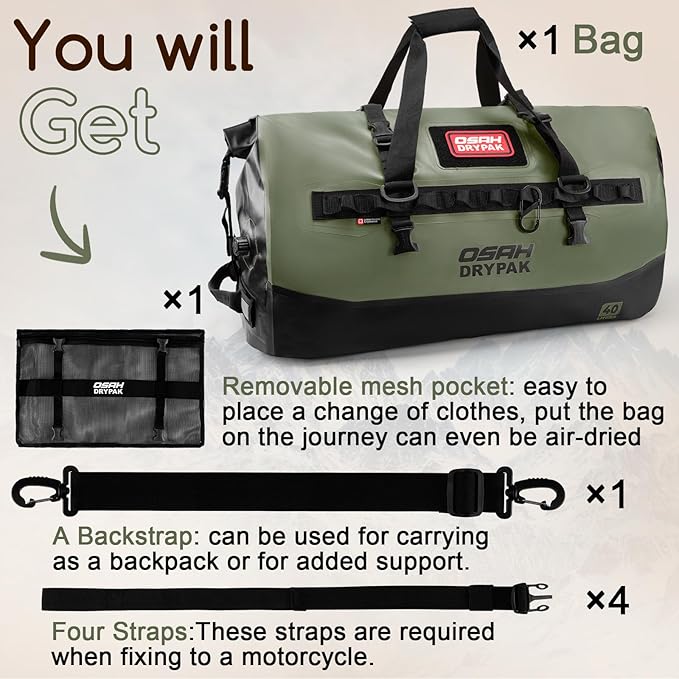 OSAH DRYPAK Waterproof Duffel Bag 25L/40L/60L – Heavy-Duty Motorcycle Tail Bag, Roll-Top Dry Bag for Travel, Camping, Boating, Kayaking, Outdoor Adventure