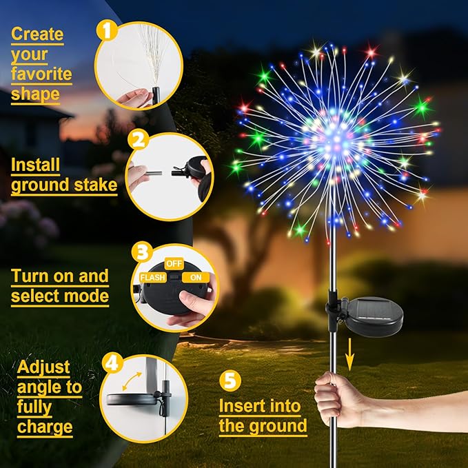 Solar Garden Lights Outdoor, 2 Pack 120 LED Twinkling Firework Lights Decorative with 2 Modes, Outdoor Waterproof Solar Starburst Light for Yard Pathway Planter Patio Decor, Multicolor