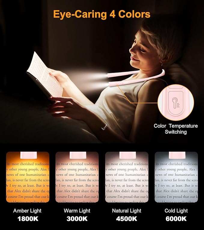 Gritin Book Light, Eye Caring 4-Color & 5-Brightness Neck Light Reading Light- Stepless Dimming,30-min Timer,80+ Hrs Runtime,Bendable Round Neck Design, Lightweight for Reading-Pink