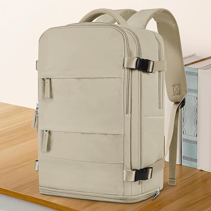 coowoz Large Travel Backpack For Women Men,Carry On Backpack Flight Approved,Hiking Backpack Waterproof Outdoor Rucksack Casual Daypack Fit 15.6 Inch Laptop Shoes Compartment (Khaki-L)