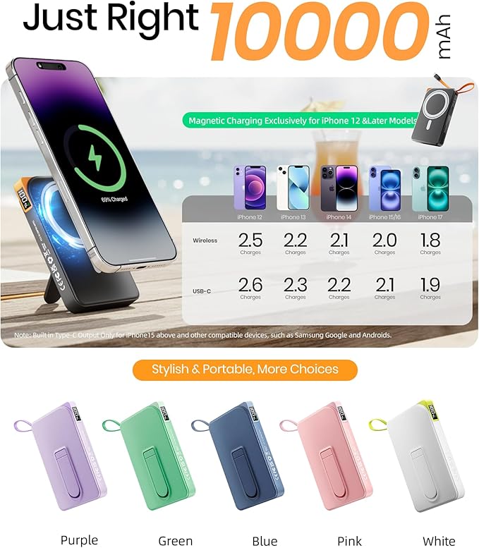 for Magsafe Power Bank, Magnetic Portable Charger with Stand, 10000mAh Wireless Battery Pack Fast Charging with Built in Cable(USB C), Powerbank for iPhone17/16/15/14/13/12 Travel & Daily, White