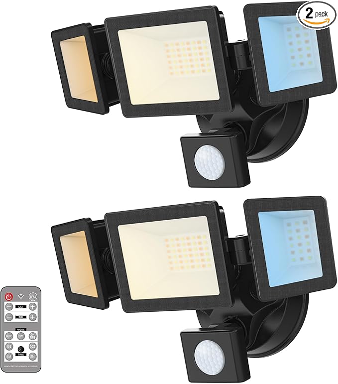 ALUSSO Motion Sensor Outdoor Lights 120V, 36W 3000LM Flood Lights Outdoor Motion Sensor with Remote, Dimmable Brightness 3000K-6000K CCT IP65 3 Heads Outdoor Flood Light for House Garage 2 Pack