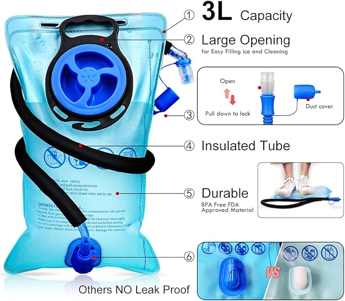 Mothybot Insulated Hydration Backpack Pack with 3L BPA Free Leak Proof Water Bladder, Large Storage Lightweight Hiking Daypack with Waist Pouches & Cooler Layer, for Running, Biking, Camping, Festival