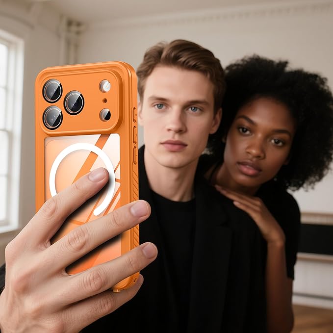 ANTSHARE for iPhone 17 Pro Case, Compatible with Magsafe, IP68 Waterproof Case, [Built-in Screen Protector] - 12 FT Military Dropproof - Full Body Heavy Duty Rugged Phone Cover - Orange/Clear