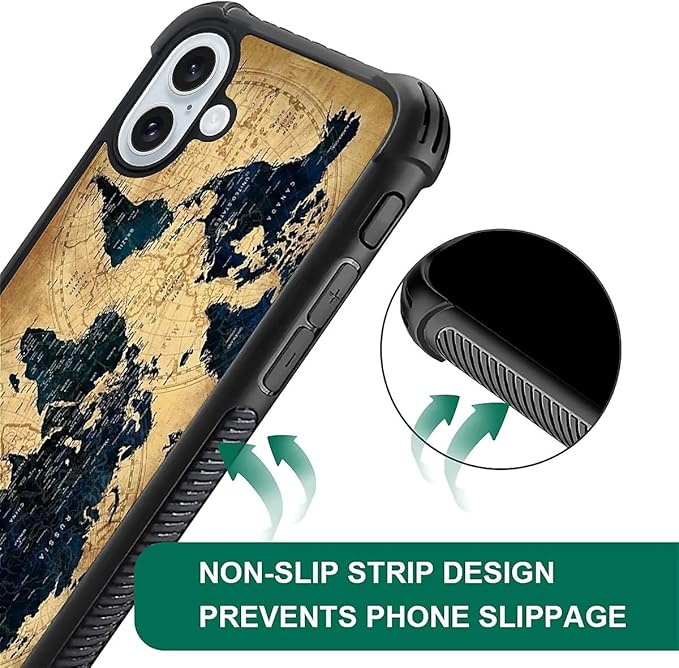 for iPhone 16 Plus Case, Brown World Map Pattern Graphic Design Girl Boy Soft Silicone Hard Acrylic Shock Protection for iPhone 16 Plus
