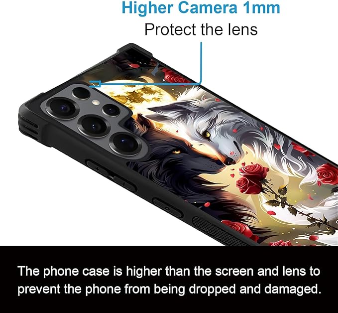 for Samsung Galaxy S25 Ultra Case,Graphic Design for Girl Boy Soft Silicone Hard Acrylic Shock Protection Designed for Samsung Galaxy S25 Ultra Black White Wolf Moon Flower Rose Pattern