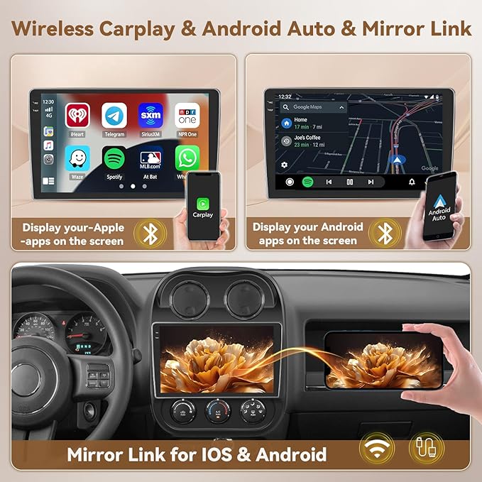 [4+128G] Hikity Android 15 Car Stereo for Jeep Compass Patriot 2010-2016, 10'' in-Cell Touch Screen Radio Wireless Carplay Android Auto 5G WiFi/Bluetooth/Mirror Link GPS SWC FM/RDS/EQ Backup Cam+Mic