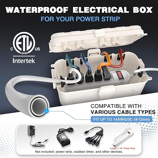 Flemoon [2 Pack] Outdoor Electrical Box Waterproof, Medium Weatherproof Electrical Box (11.5x5.2x4 inch) w/6 Cable Entry Ports, Extension Cord Cover for Power Strip, Timer, Holiday Light, White