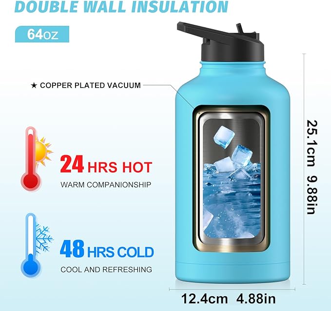 64oz Insulated Water Bottle (Cold for 48 Hrs),BPA Free&Leak Proof,Half Gallon Stainless Steel Water Flask,Water Jug with Straw Spout Lids for Gym,Hiking,Camping,Sky Blue