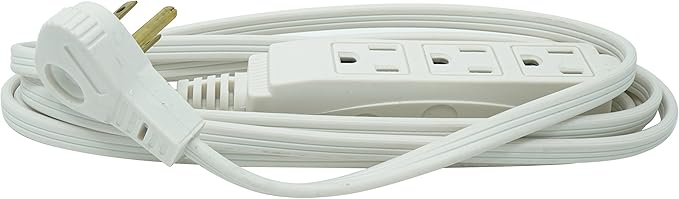 Woods SlimLine Indoor Flat Extension Cord, 8 Ft, 16 Gauge Right Angle Plug, 3 Polarized Outlets, 125 Volts, White, 2241