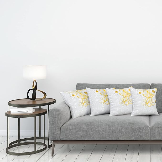 Ambesonne Daffodil Throw Pillow Cushion Case Pack of 4, Daffodils on Ornate Background Floral Repeating Swirling Curves Spring Pattern, Modern Accent Double-Sided Digital Printing, 18", Grey Yellow