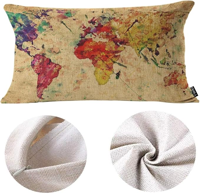 EKOBLA Watercolor World Map Lumber Pillow Cases Vintage Global Graphic Home Decorative Waist Lumber Cotton Linen Pillowcases Oblong Rectangle Case