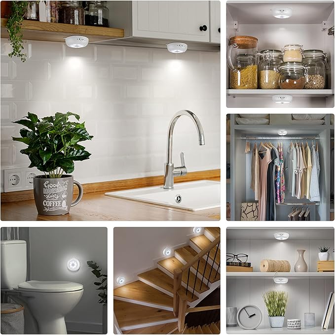 Reoshine Motion Sensor Light Indoor, Under Cabinet Light, Ceiling Lights, AA Battery Operated Stick on Wireless Puck Lights for Wall, Step, Stair, Dimmable (6 Pack)