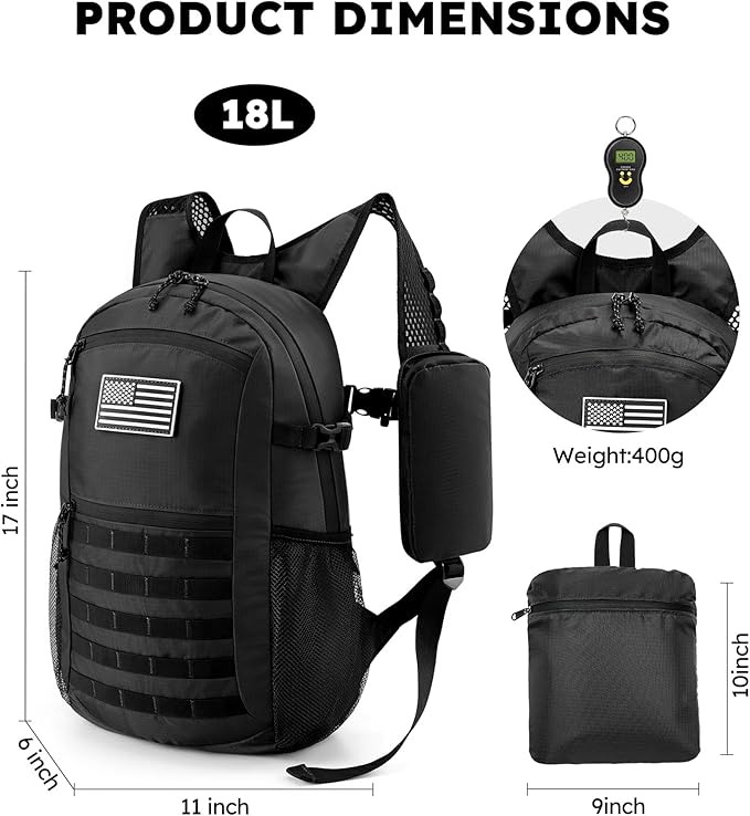 Small 20L Foldable Hiking Daypack for Men Women – Ultra Lightweight Tactical Packable Backpack for Travel, Camping Outdoor, Black
