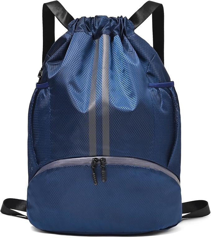 LOKAPEGY Drawstring Gym Bag for Men, Waterproof Drawstring Backpack for Women, Swim Backpack with Shoes Compartment, Pull String Sport Bag for Soccer and Basketball. (Dark Blue)