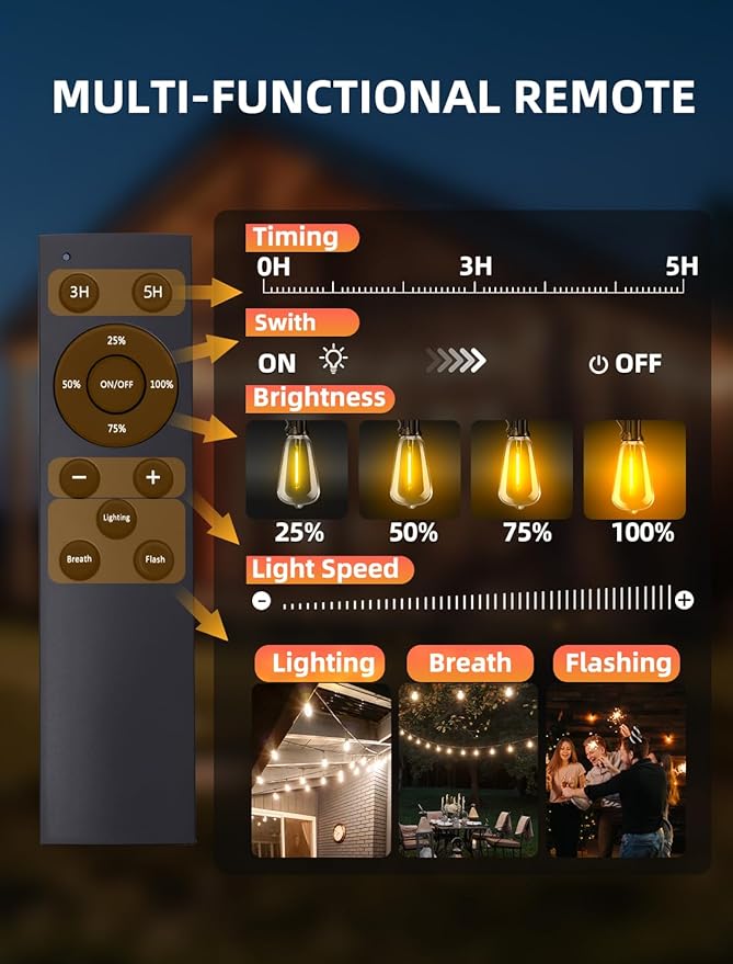 Outdoor Patio String Lights: 200Ft 60M Outside Waterproof Light - Remote Dimmable ST38 Shatterproof Bulb Connectable Hanging Outdoor Electric Lighting - Backyard Yard Gazebo Porch Party