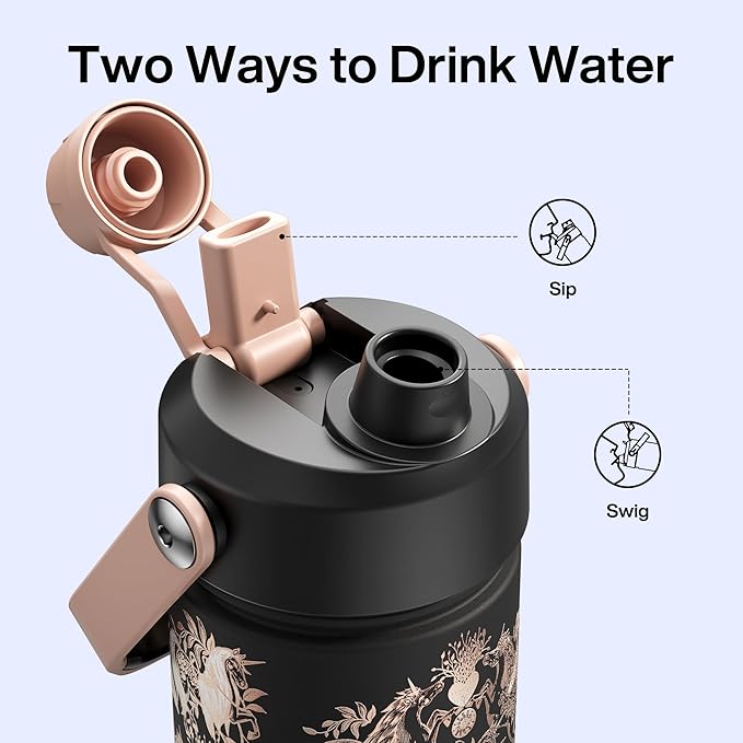 ENCOOL Insulated Water Bottle with Straw Stainless Steel Water Bottle, Leak-Proof, BPA-Free, Double Wall Vacuum Keeps Cold for 24 Hours for Sports, Travel, School (26 oz, Golden Aviary)