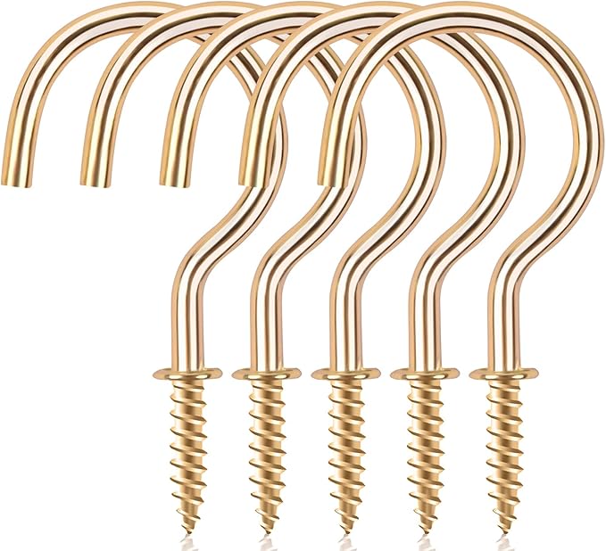 Cup Screw Hooks,1-1/2 inch Metal Screw in Ceiling Hooks,45 Pack Metal Ceiling Plant Hanger Hooks, Wind Chimes Hook Kitchen Cup Hook Great for Hanging Indoor & Outdoor Use(Golden)