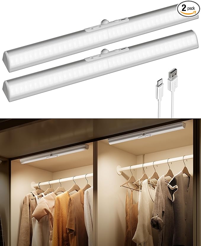 EZVALO 17-Inch Motion Sensor Closet Lights, 3600mAh Rechargeable Battery LED Cabinet Lights, 150 Lumens No-Glare Curved, 3 Color Temps & Dimmable Pantry Lights for Wardrobe, Shelves - 2 Pack