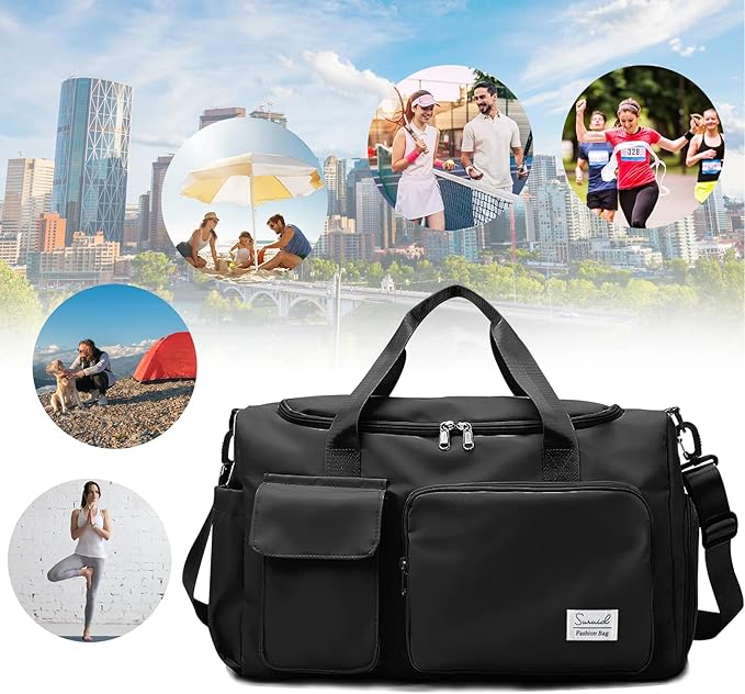 Suruid Sports Gym Duffel Bag with Shoes Compartment and Dry Wet Separated Pocket for Men and Women - Overnight Weekender Training Handbag Yoga Bag - Black