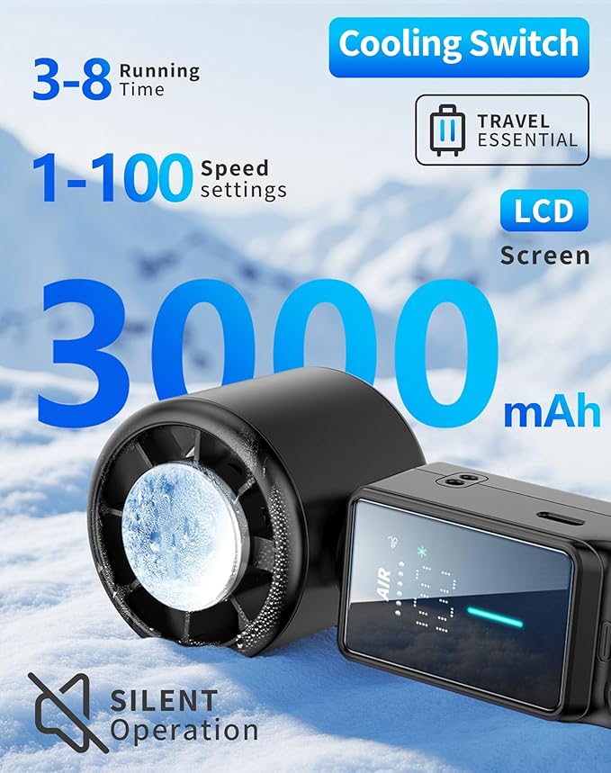 Foluu 3-in-1 Portable Cooling Fan with Active Cooling Technology, 16,000 RPM, 100-Speed Touch Control & LED Display, Type-C Fast Charge, Neck Strap & Stand – for Travel, Office, Outdoor (Black)
