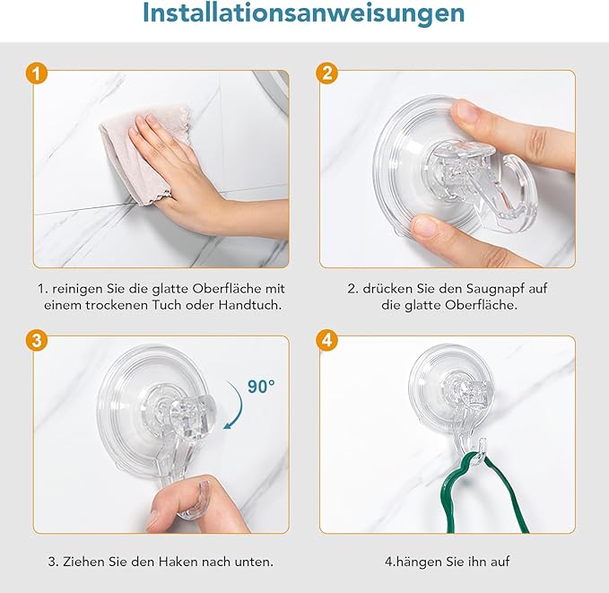 Suction Hooks 4 Packs, Clear Powerful Push and Lock Vacuum Suction Cup, Multi-Purpose Suction Shower Hooks for Front Door Window Glass Kitchen Towel Loofah Utensils