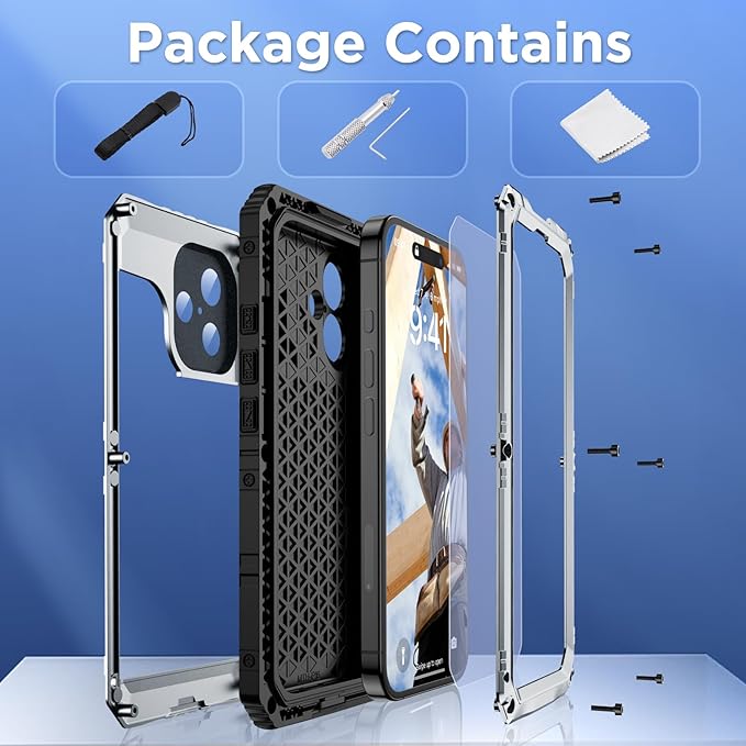 Mitywah Waterproof Case for iPhone 16, Shockproof Heavy Duty Case with Built-in Screen Protector, Underwater Full Body Protective Metal Case 6.1 inch, Silver