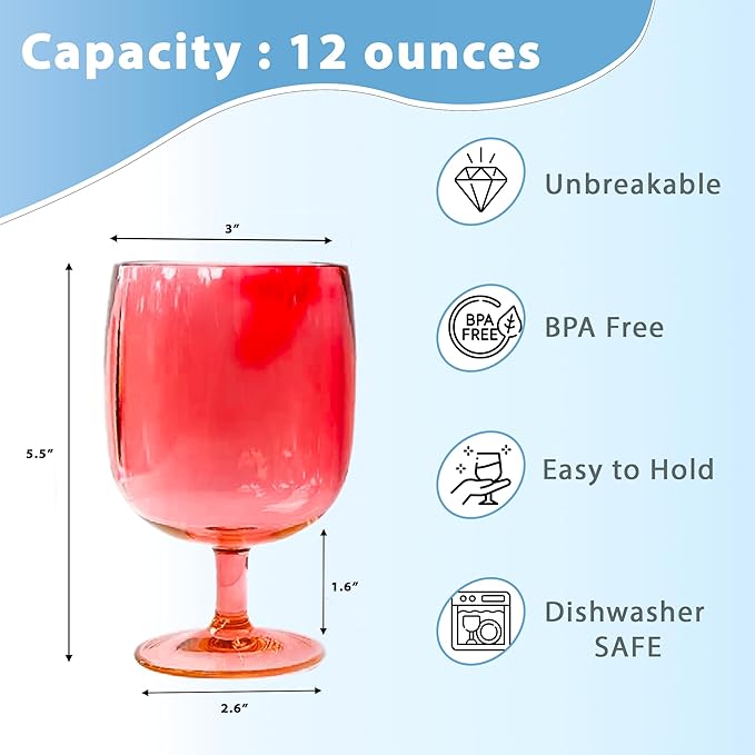 Lily's Home Unbreakable Plastic Wine Glasses Set of 8, 12 oz Shatterproof Stackable Tumblers, Reusable BPA Free Goblets for Party, Picnic, Camping, and Outdoor Use. Made in Taiwan(Multicolor)